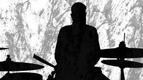 Animation-of-gray-and-white-shapes-moving-over-silhouette-of-male-drummer