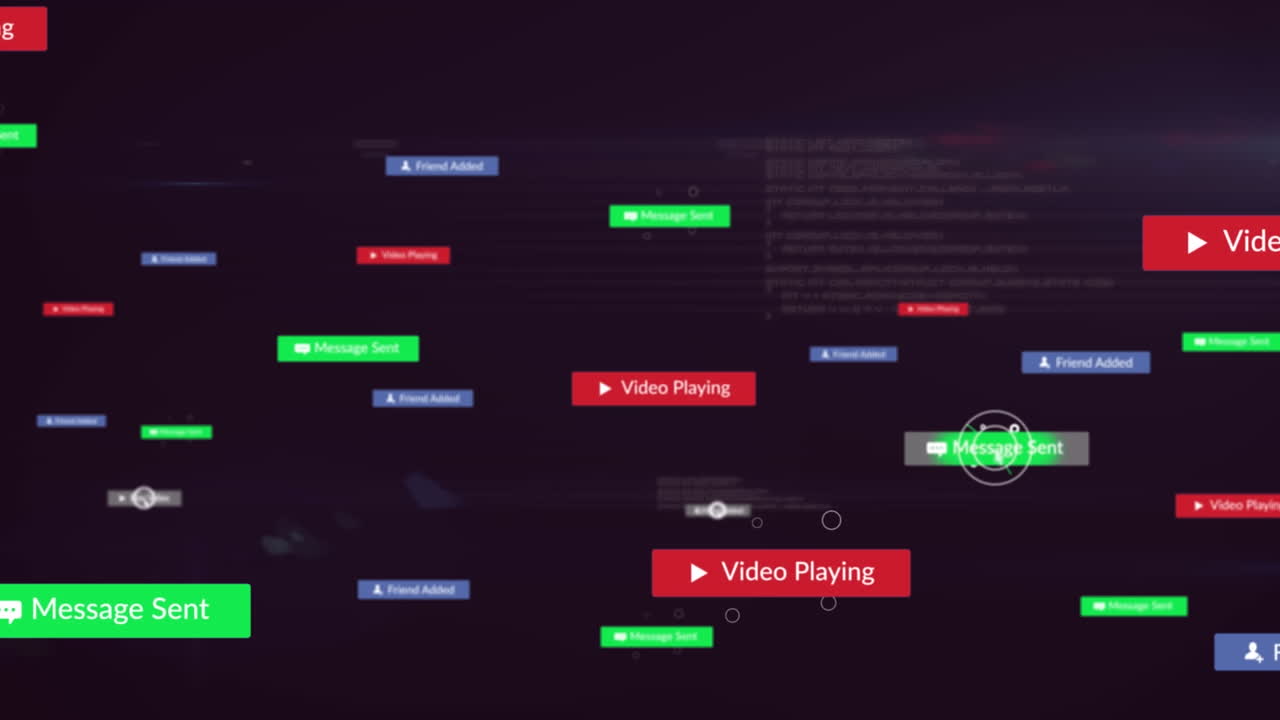 Animation of texts and icons in notification bars over computer language against black background