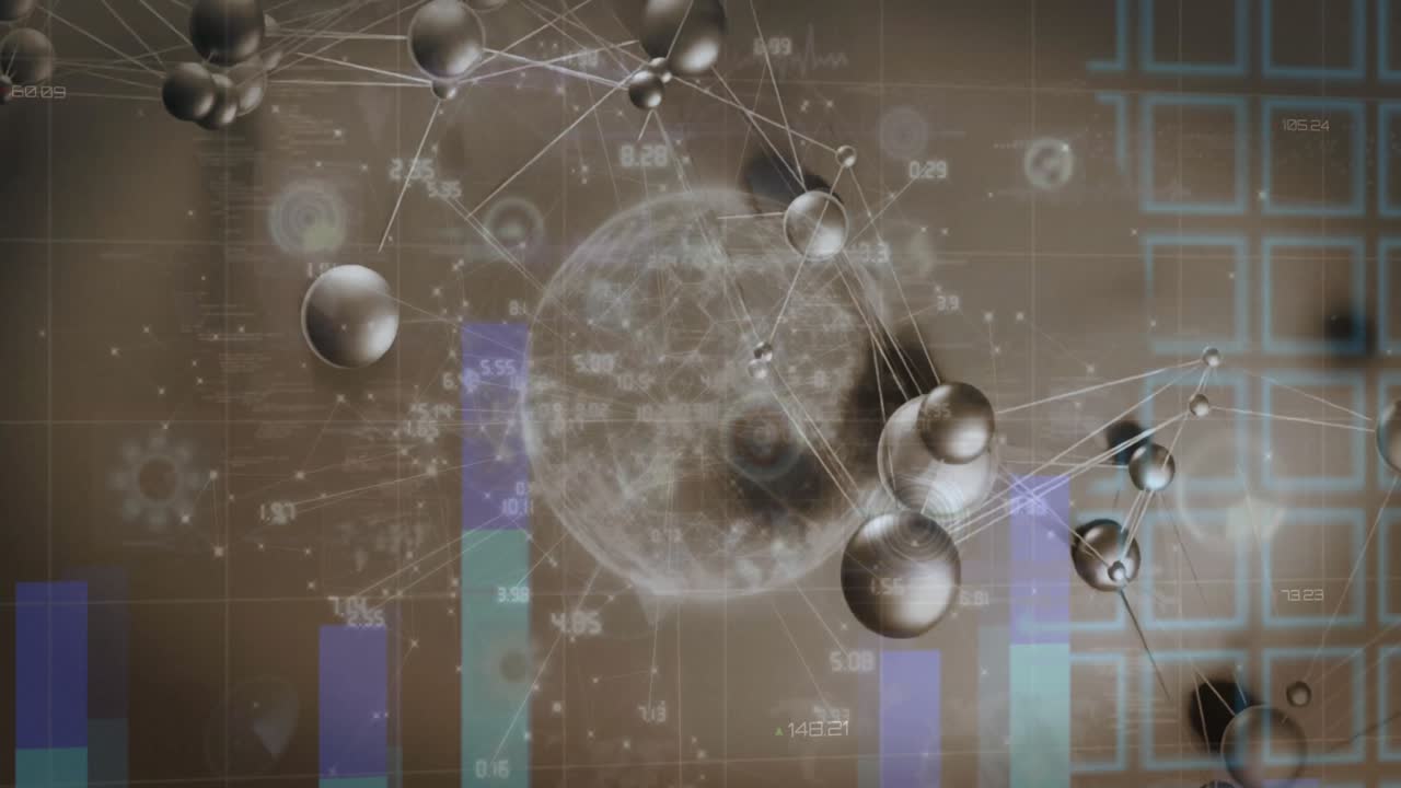 Animation of network of connections and data processing over grey background