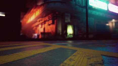 a dark, neon-lit street in a city at night