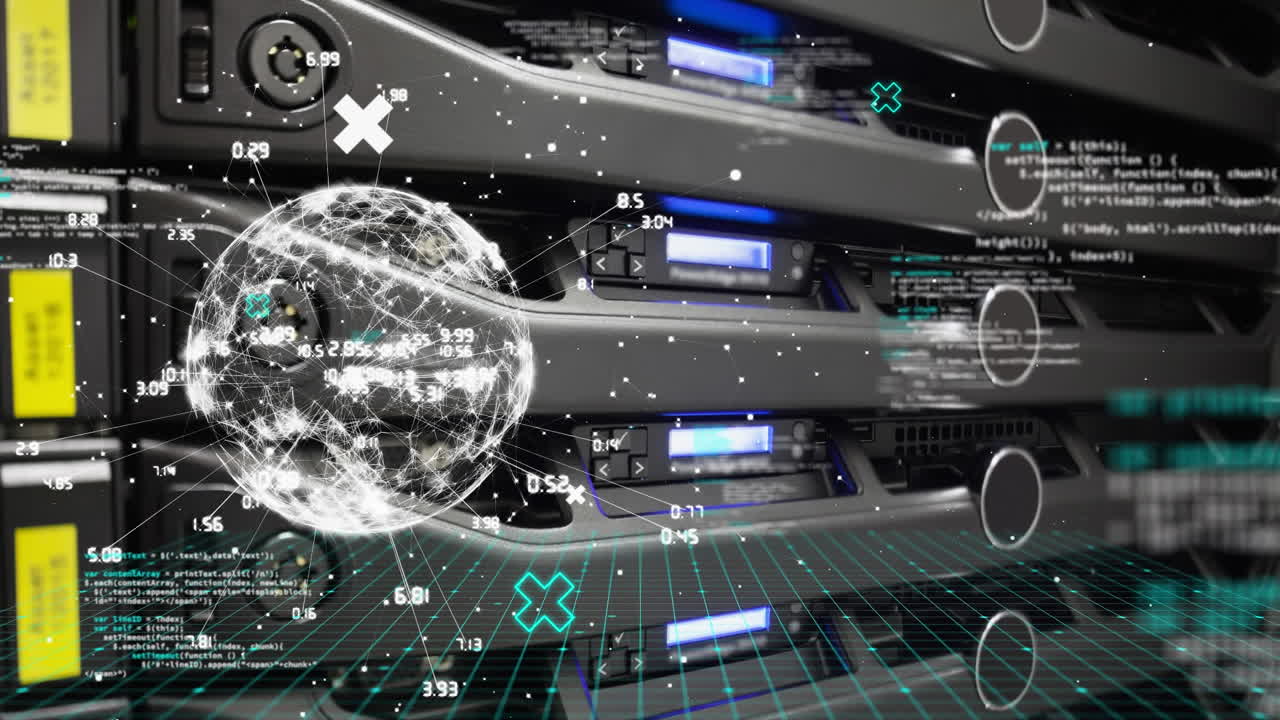 Animation of data processing and body over server room