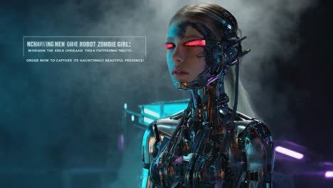 futuristic female cyborg with glowing red eyes