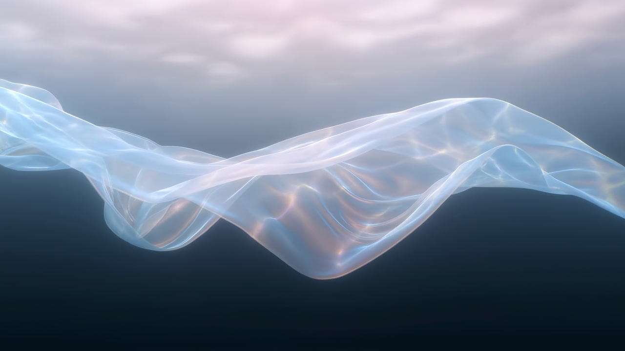 Translucent Fabric Wave Drifting Underwater, Glowing Filaments And Soft Luminescence Move In Slow Motion