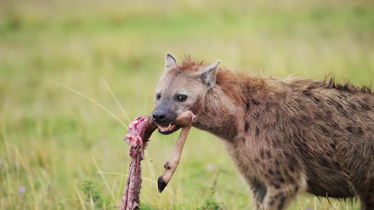 Iena maculata che mangia carne nella savana africana