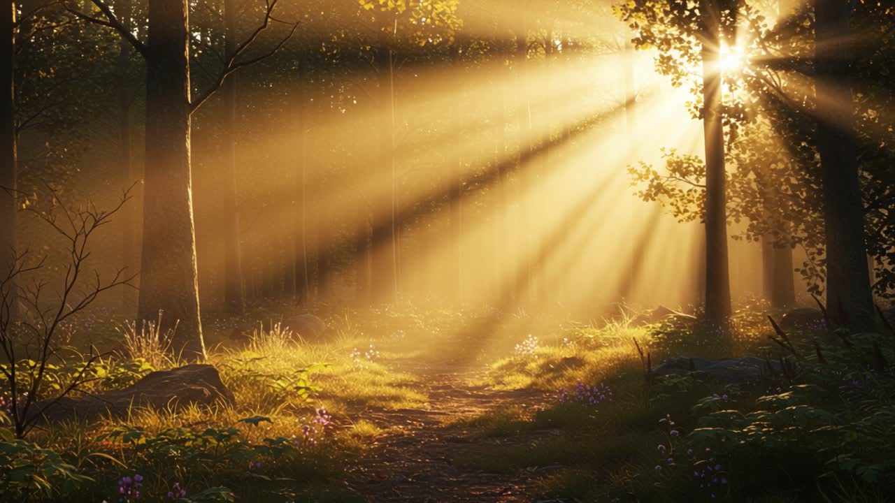 A Serene Forest Path Illuminated by Radiant Sunlight Filtering Through Tree Canopies, Creating a Tranquil and Enchanting Atmosphere for Nature Enthusiasts