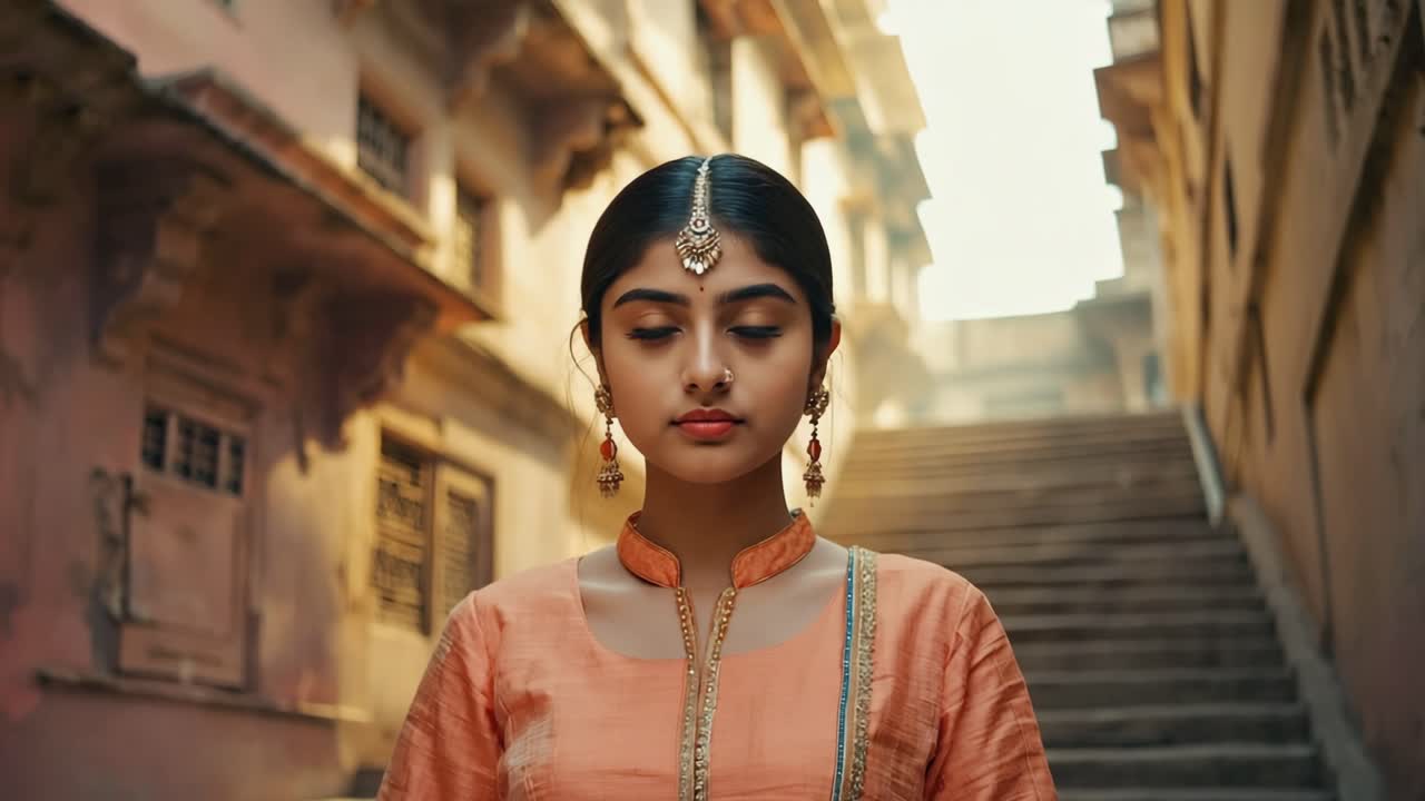 Young Indian female standing in narrow alleyway, wearing vibrant orange traditional attire and ornate jewelry, historic stone buildings rising behind her under bright sunlight