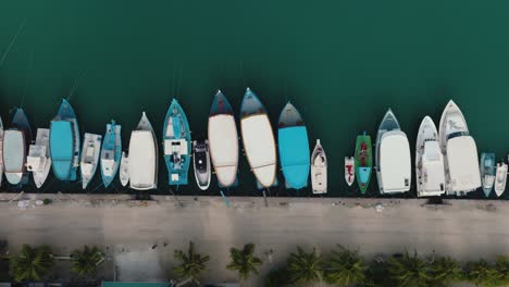 a series of fishing boats parked at the harbor in the turquoise sea at the waterfront