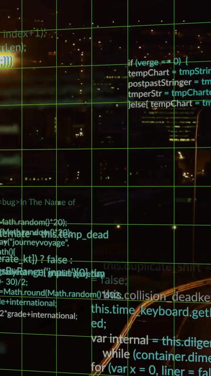 Vertical video: Faint cyan code appearing, grid overlay growing while code scrolling to show data