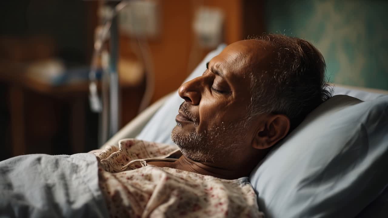 Uomo dorme serenamente in un letto d'ospedale. L'illuminazione soffusa evidenzia un'espressione calma. L'immobilità suggerisce riposo o recupero. Ideale per contenuti medici o di benessere. Nessun animale o pianta presente.