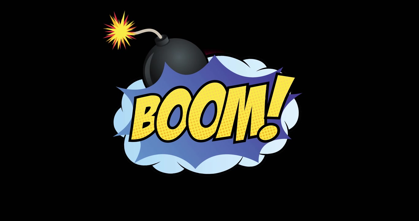 Animation af "boom" tekst over neoncirkler på sort baggrund