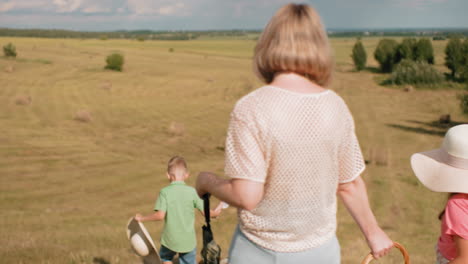 auntie and son walk across sunlit countryside carrying a hat, while mother and daughter stroll alongside with basket in hand, surrounded by rolling fields, hay bales, and distant tree line under bright sky