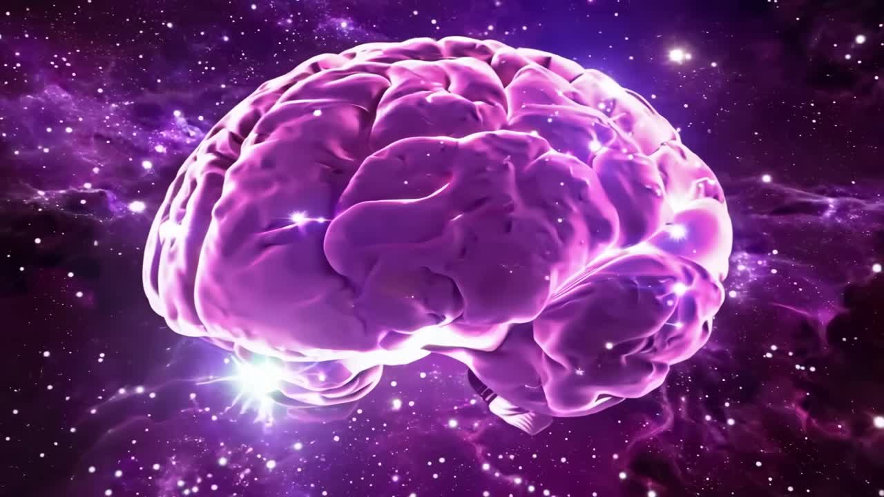 A purple brain with many stars surrounding it. The brain is glowing and the stars are shining brightly. Concept of wonder and curiosity about the brain and its functions