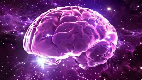 a purple brain with many stars surrounding it. the brain is glowing and the stars are shining brightly. concept of wonder and curiosity about the brain and its functions