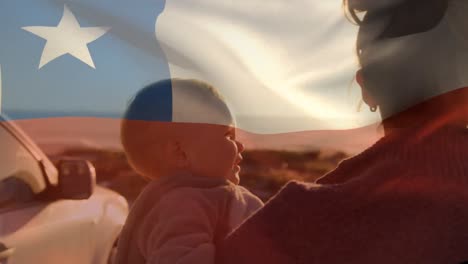 animation of flag of chile over caucasian mother with child smiling