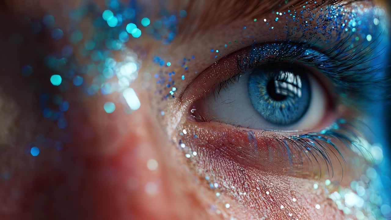 Captivating Close-Up of an Eye Adorned with Shimmering Blue Glitter and Sparkles, Showcasing Stunning Detail and Vibrant Colors in a Mesmerizing Beauty Shot