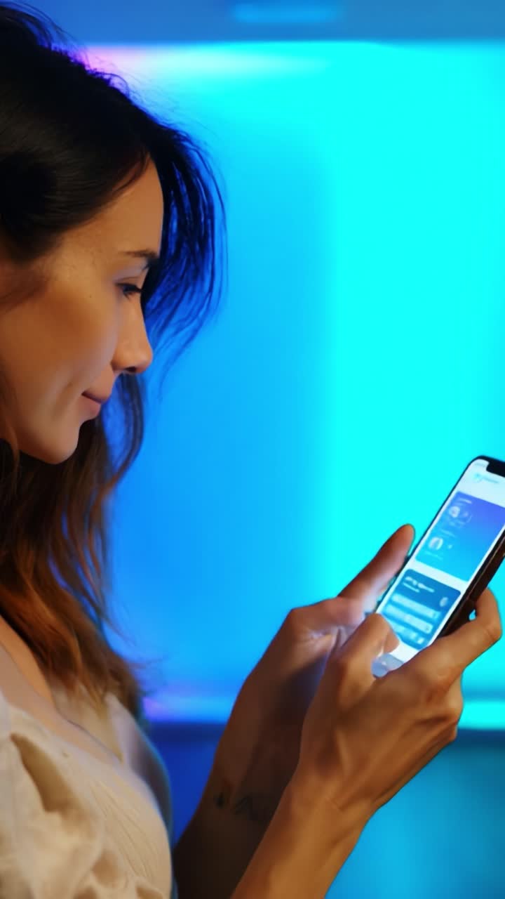 Captivated by Technology: A Profile View of a Young Woman Engaged with Her Smartphone, Illuminated in Soft Blue and Purple Lighting, Reflecting the Modern Connection Between People and Devices