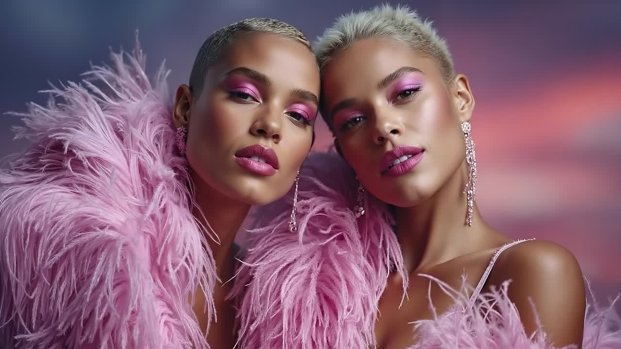 Two women in pink feathers posing for a photo