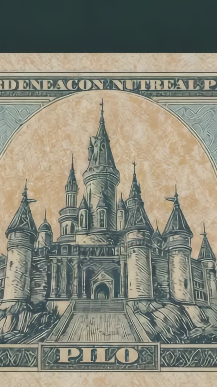 Video verticale: illustrazione di un castello decorato su un biglietto decorativo, con l’etichetta PILO in evidenza