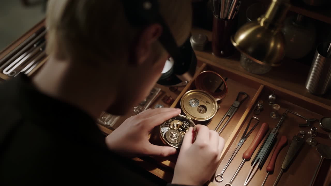 A watchmaker meticulously working on a pocket watch at a workbench
