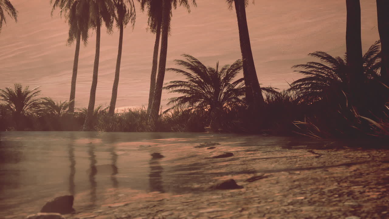 종려나무 가 있는 열대 해가 지는 해변 장면