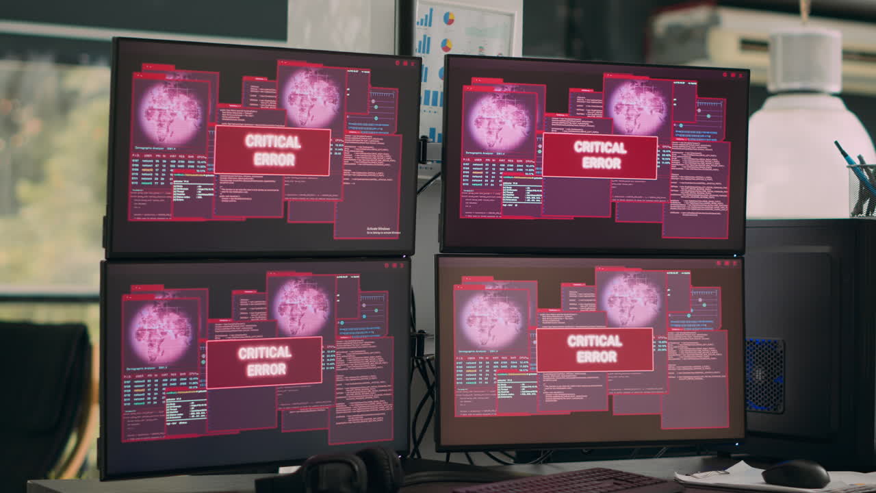 Empty office with multiple monitors showing hacking attack alert
