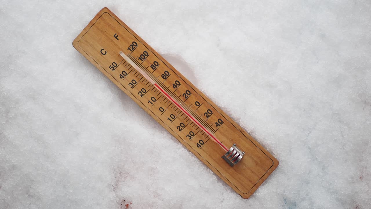 Wooden Thermometer Showing Rising Temperature in Snow