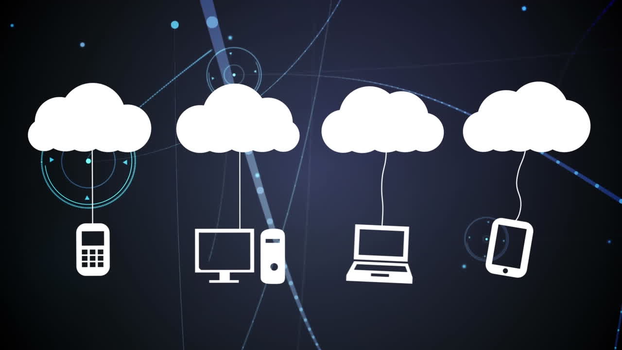 animación de nubes con portátil, computadora, teléfono inteligente y teléfono móvil colgando sobre puntos conectados