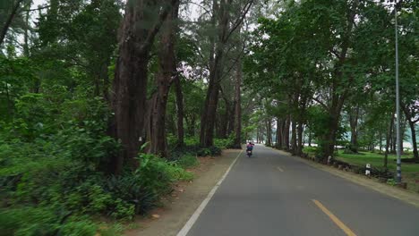 Driving-on-a-street-in-Phuket,-Thailand-with-a-moped-on-a-beautiful-avenue