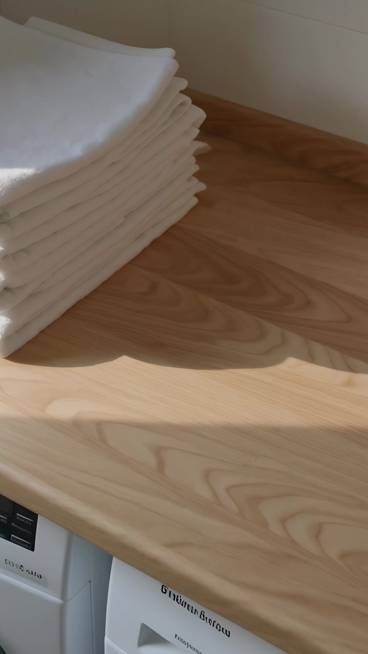 Vertical video: Tilting camera showing stacked white towels on wood counter above units, copy space