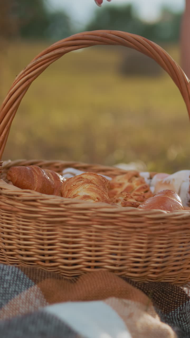 Checkered picnic blanket on grassy field with woman in white sandals lowering a woven basket filled with snacks, soft sunlight casts warm tones over hay bale and open countryside