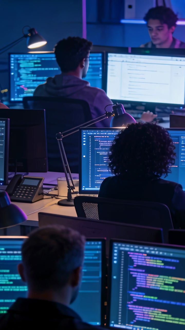 Software Developers Coding on Multiple Screens in a Dark Office