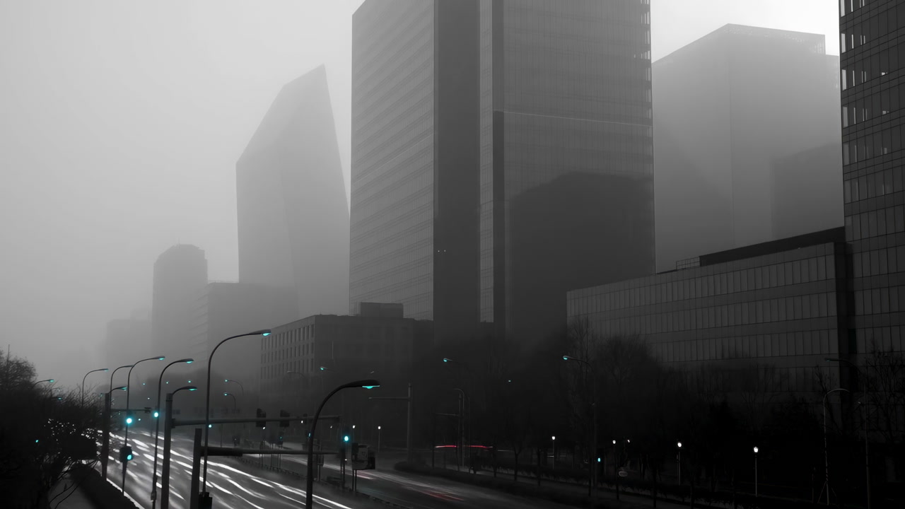 Foggy Downtown Highway With Blurred Traffic, Towering Skyscrapers Fading Into Mist, Wet Reflective Road