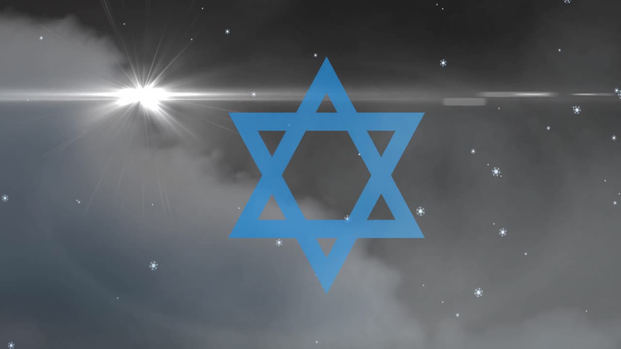 Animation of david's star and snow falling over glowing star and clouds