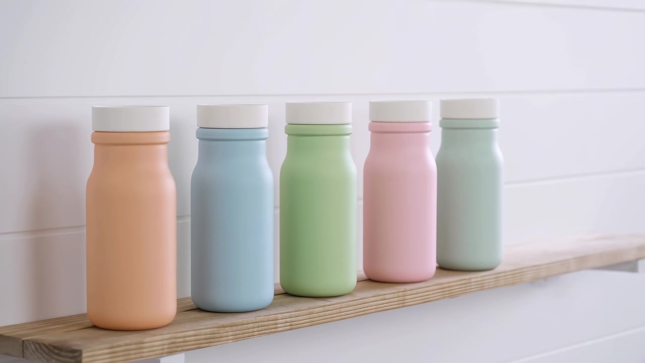 Cinco garrafas reutilizáveis sem marca em tons pastel foscos, dispostas uniformemente em uma prateleira estreita de madeira natural montada em uma parede branca com painéis, criando uma exibição doméstica minimalista e calma com luz suave.