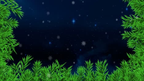 animation of snow falling with fir tree frame and copy space over stars and night sky