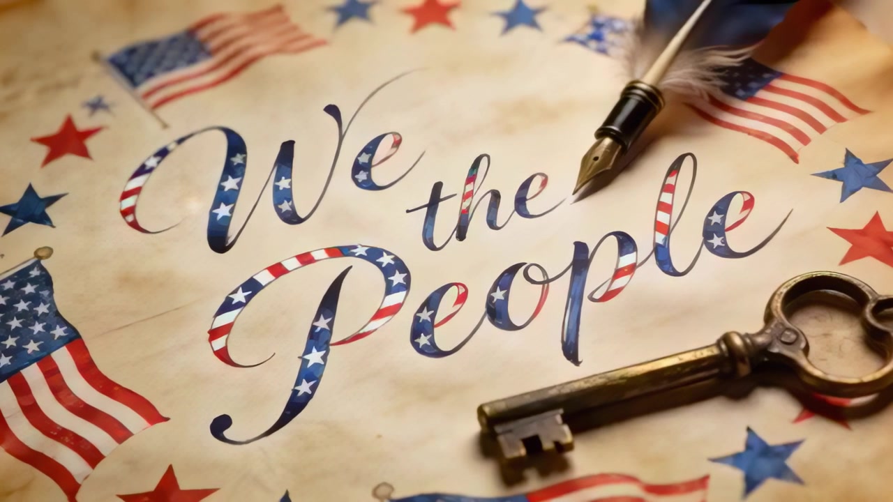 Pulling camera tightening focus on flag script reading WePeople on paper, showing quill nib and key