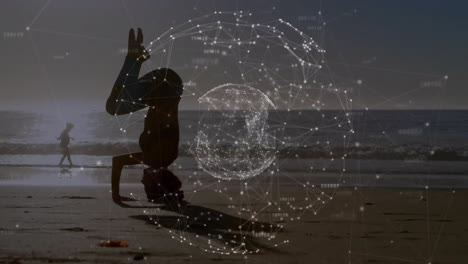 animation of networks of connections with globe over caucasian woman praciticing yoga on beach