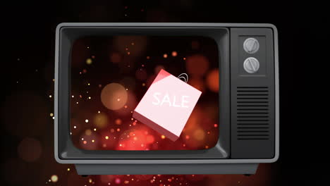 스크린에 쇼핑 가방에 판매 텍스트와 함께 레트로 tv 세트의 애니메이션