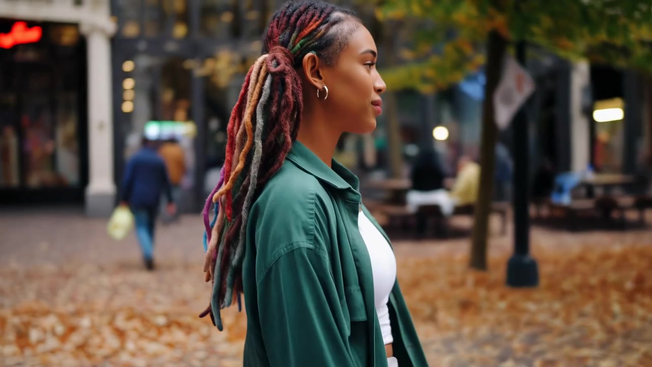 Donna di colore con dreadlocks colorati che cammina lungo una strada cittadina autunnale, con locs a coda di maiale che cadono sul verde.