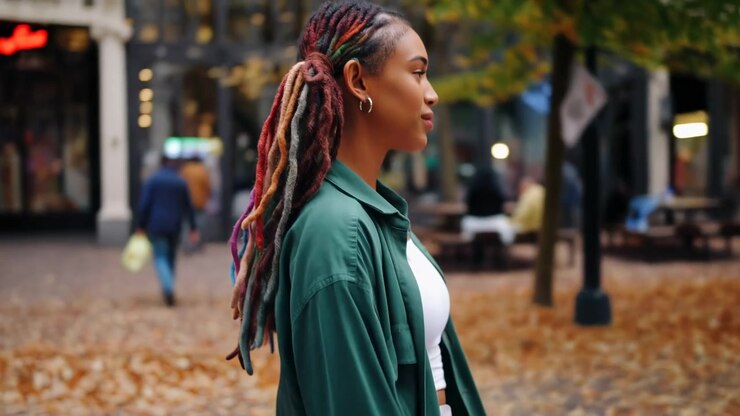 Donna di colore con dreadlocks colorati che cammina lungo una strada cittadina autunnale, con locs a coda di maiale che cadono sul verde.