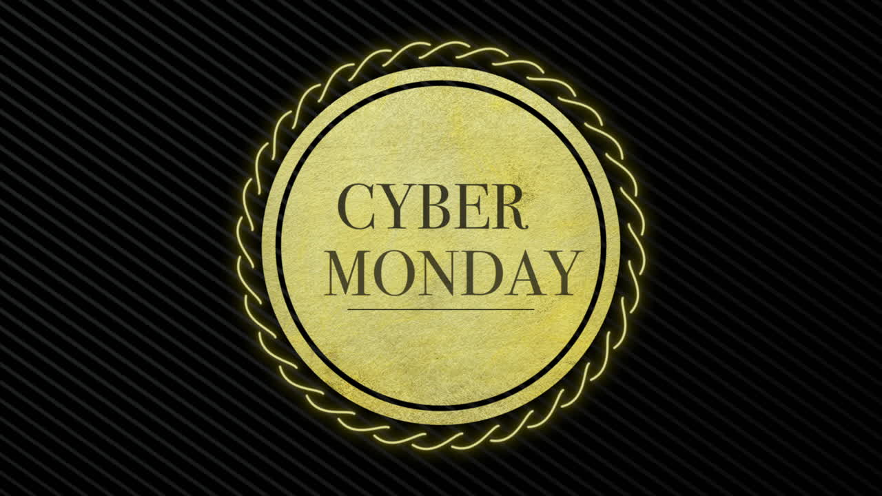 el texto moderno de cyber monday en círculo dorado en gradiente negro