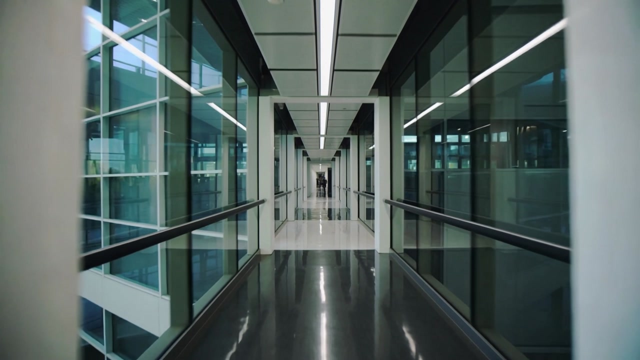 Camera tracking through office glass walkway revealing shifting floor reflection and showing design