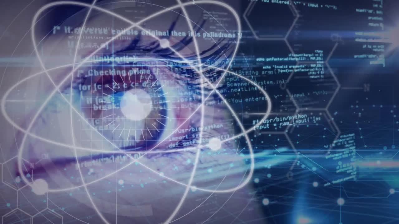 composizione scientifica occhio animato con testo codificato combinato con illustrazioni astratte