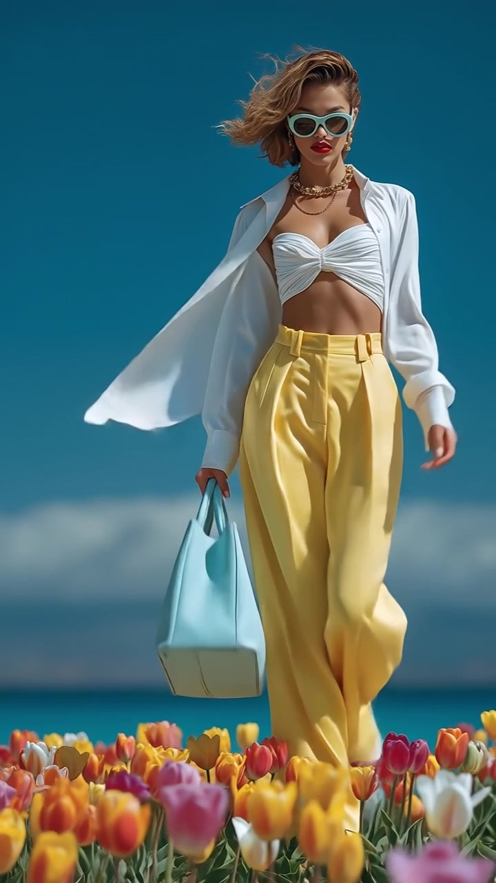 Donna alla moda che cammina attraverso un campo di tulipani colorati sotto un cielo azzurro e limpido in una giornata di sole.