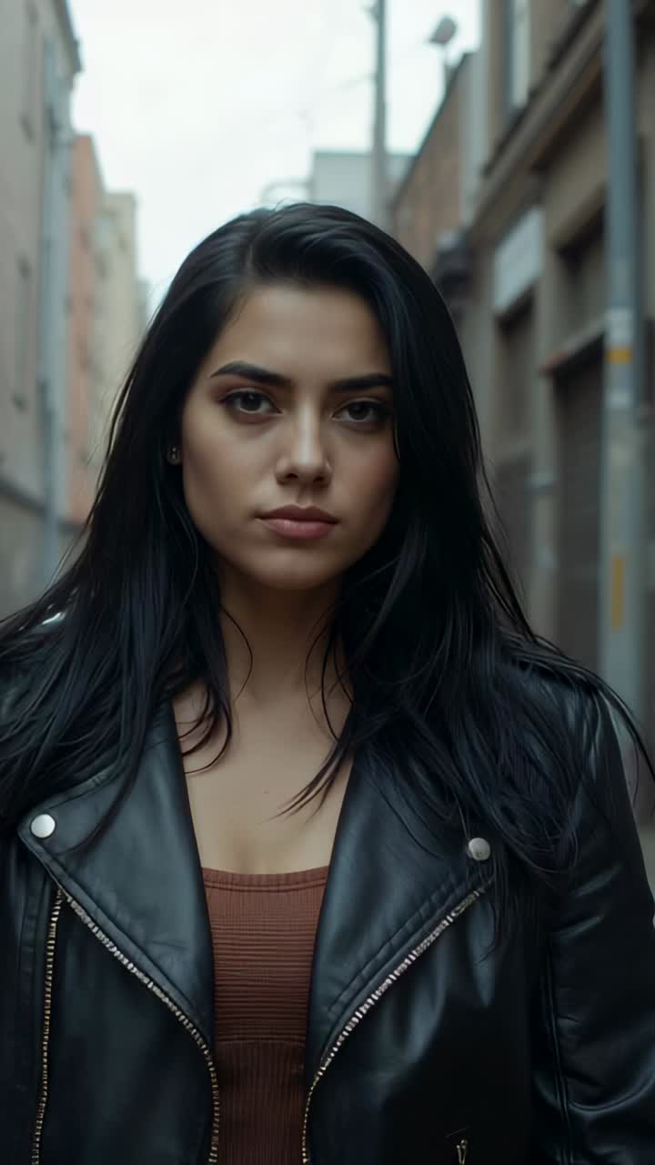 Vertical video: Camera tightening, woman in leather jacket brown top walking toward camera in alley