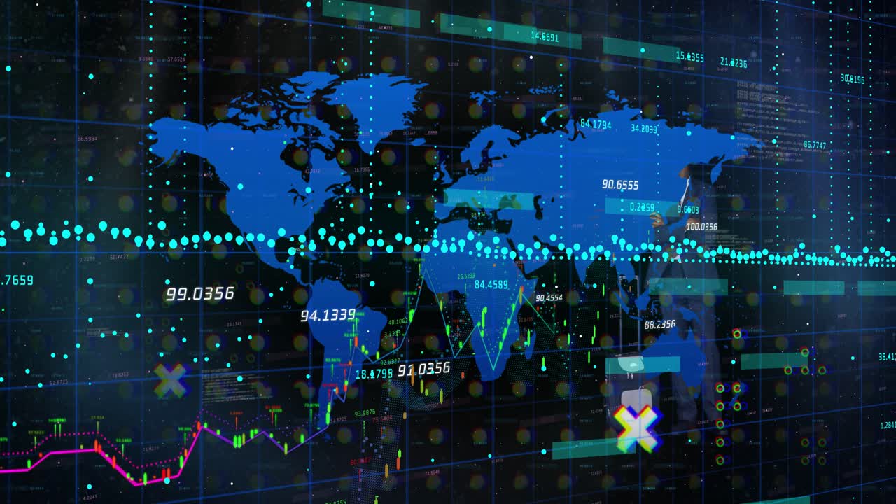 Male presenter reacting to band brightening, pointing as map dots, finance numbers, charts rising