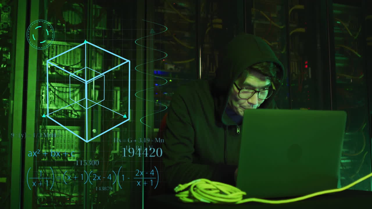 animación de procesamiento de datos científicos sobre técnico informático masculino asiático por servidores