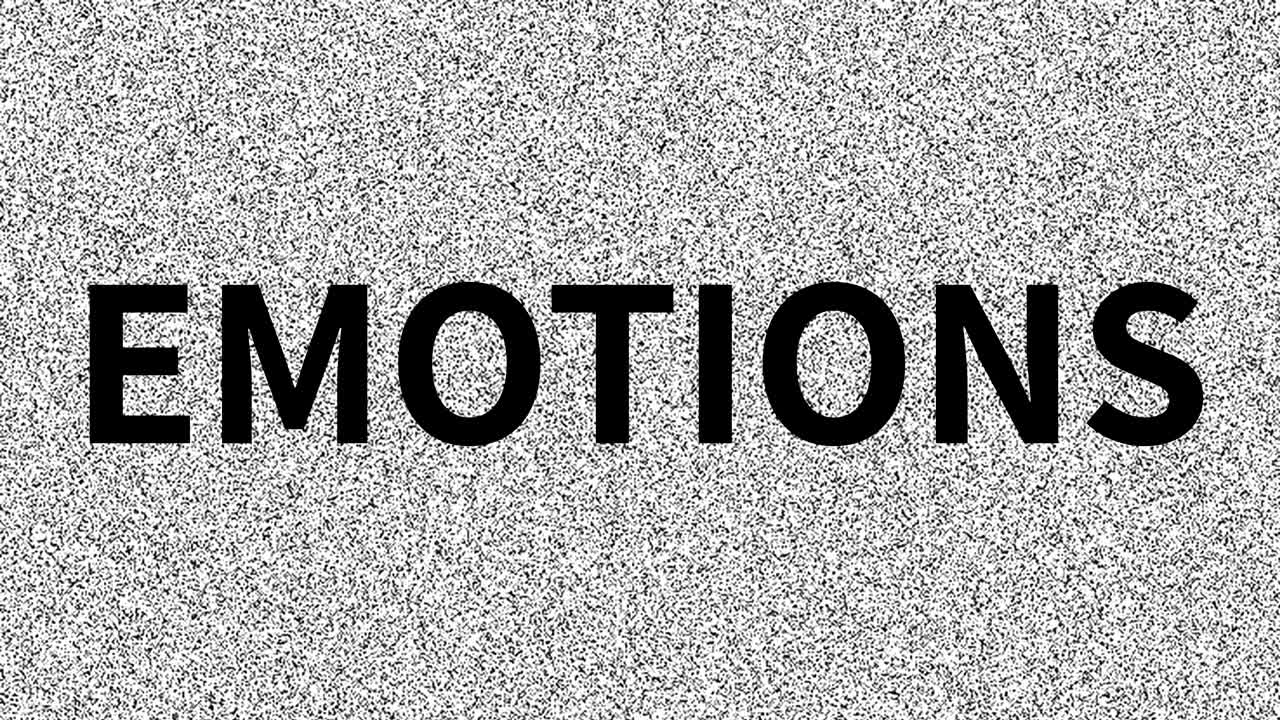 Emotions. Word about man problem on noisy old screen. Loop VHS interference. Vintage animated background, video footage