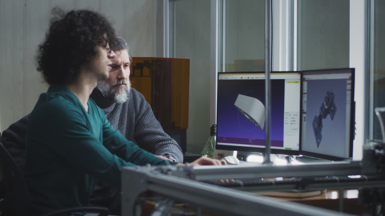 Two engineers collaborate on 3D design and printing in a modern workshop