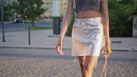 high hills lady legs crossing road city closeup. fashionable woman summer walk